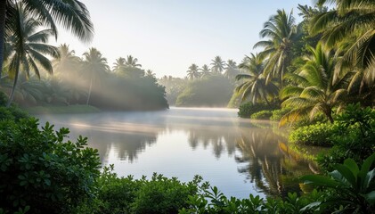 Obraz premium Misty Tropical Lagoon: A tranquil lagoon nestled amidst lush tropical foliage, shrouded in a soft, ethereal mist, with the gentle interplay of light and shadow