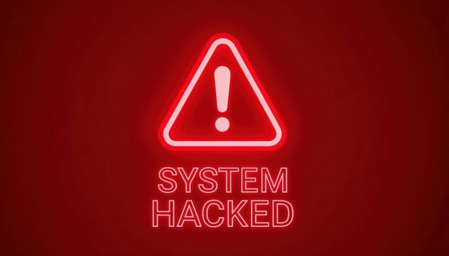 System Hacked Alert: A stark digital warning, the words System Hacked illuminate in a bold, authoritative typeface, underscored by a bright, alerting triangle.