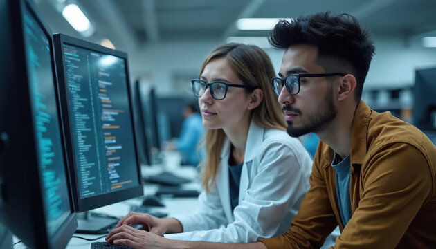Two colleagues collaborate on computers in a modern lab. One asks for help with code, sharing ideas for industrial tech. Teamwork in a tech environment.