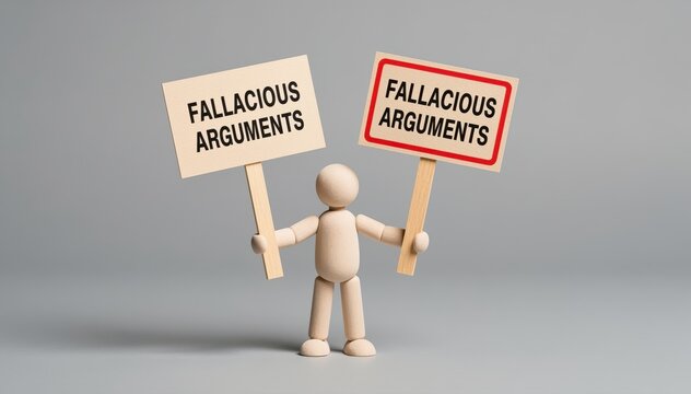 Fallacious Arguments Concept: A wooden figure holds signs that read Fallacious Arguments, conveying the concept of flawed reasoning and deceptive claims.