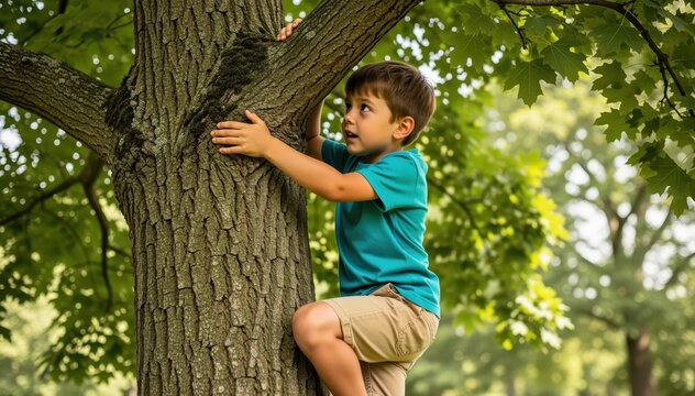Climbing Adventure: A young boy, full of energy and wonder, fearlessly ascends a sturdy tree, his eyes wide with a mix of excitement and challenge, under a canopy of lush green leaves.