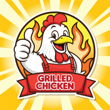 Grilled Chicken Mascot Logo Thumbs Up Cute Cartoon BBQ Food Branding Vector