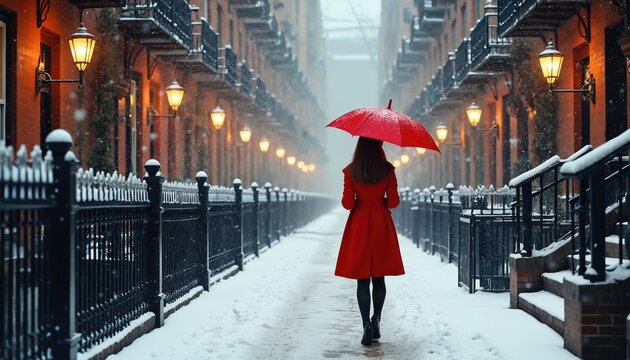 Woman in red coat walks snowy city street with red umbrella. Snowfall creates winter atmosphere. Gas lamps illuminate path. Buildings line street.