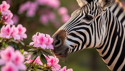 Fototapeta premium Zebra and Blossom: A close-up shot of a zebra gently touching its nose to a blooming pink flower, showcasing nature's gentle interaction.