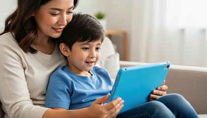 Obraz premium Digital bonding: A mother and her child share a precious moment, absorbed in the captivating glow of a tablet, weaving a tapestry of family connection and exploration.
