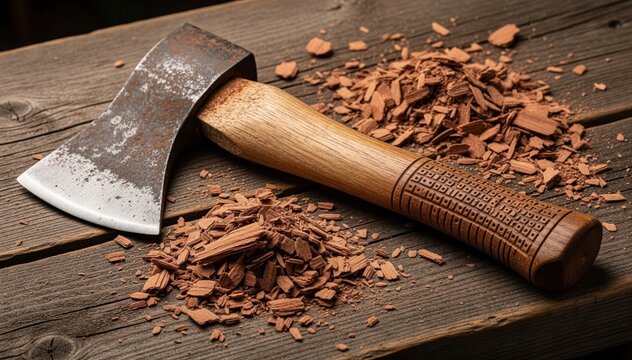 Woodcutter's Precision: A rustic axe rests on a weathered wooden surface, surrounded by freshly hewn wood chips, symbolizing craftsmanship and the art of woodworking.