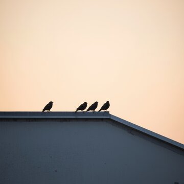 Four small birds perched in a row on the edge of a building roof against a soft golden sunset sky