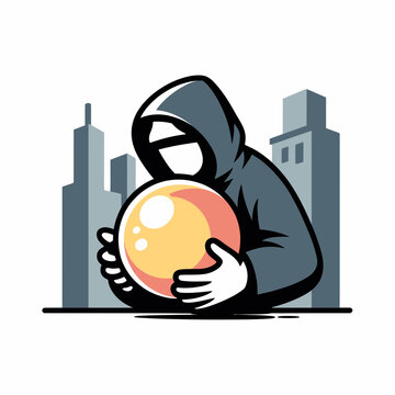 Hooded Man Holding Large Yellow and Red Orb in City