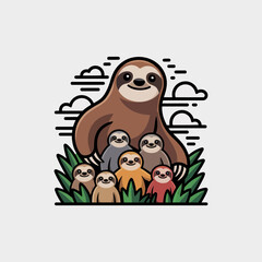 Fototapeta premium Sloth Family with Seven Babies in Grass Cartoon