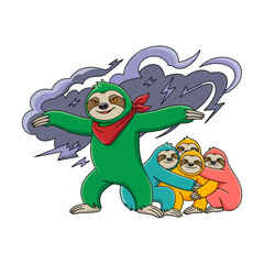 Fototapeta premium Green Sloth Protecting Friends from Storm