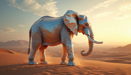 Fototapeta premium Surreal crystal elephant stands in desert landscape at sunset. Textured metallic animal reflects warm light. Dry sand dunes stretch to horizon under hazy sky.