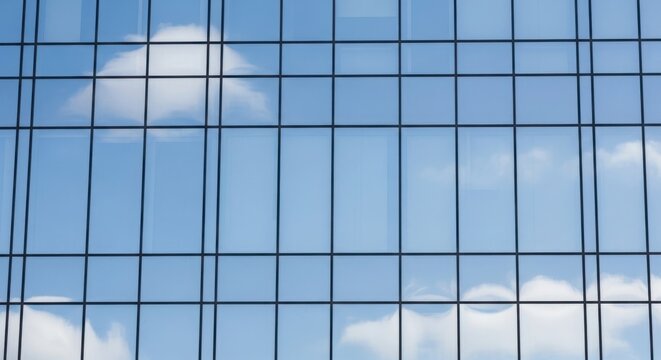 a grid of windows reflecting a blue sky with white clouds outside architecture blue sky building fac