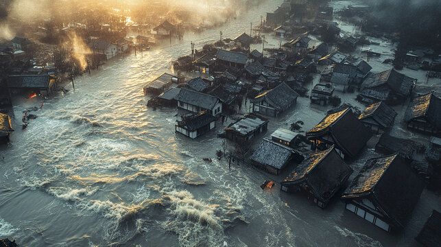 Disaster stricken village submerged in floodwater with traditional houses partially covered, smoke rising from some buildings, and dramatic, moody atmosphere at sunset