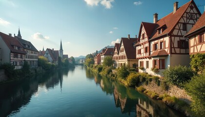 Naklejka premium Half-timbered houses line a tranquil river flowing through a historic European town. Rich green trees and a church steeple dot the picturesque waterside scene under a clear blue sky.