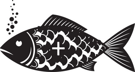 Black silhouette fish with cross on side swimming left, Generative Ai © Artist Sakib