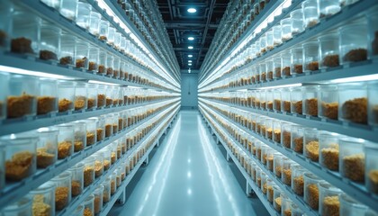 Obraz premium Indoor insect farm shelves with many jars of larvae for alternative protein. Automated facility grows bugs in controlled conditions for sustainable food production.