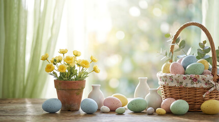 Obraz premium Easter holiday still life with pastel eggs in wicker basket, yellow spring flowers in terracotta pot, bright sunny window background with bokeh