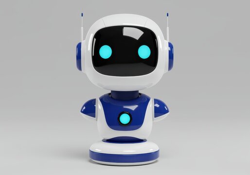 Cute blue and 3D white robot with glowing cyan eyes and chest light android artificial intelligence