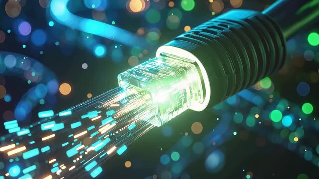 Digital Conduit: A close-up shot of an Ethernet cable transmitting information with vibrant fiber optics that creates a vivid visual representation of the digital world.