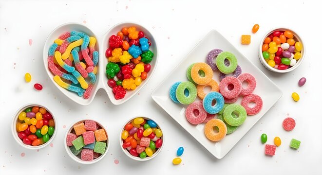 A vibrant assortment of colorful candies including gummies and sour rings, presented in dishes and on a plate, showcasing a delightful variety of sweet treats.