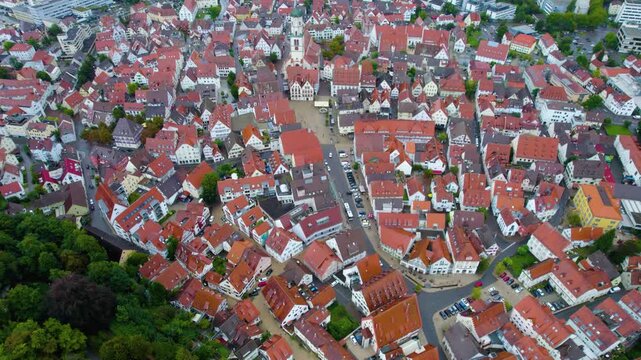 Aerial view of the city Biberach in Germany on a cloudy day in summer