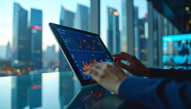 Professional analyzing quarterly financial data charts on sleek digital tablet in modern boardroom