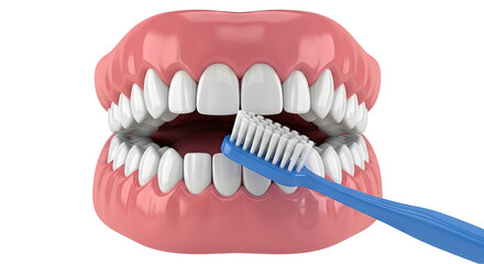 Obraz premium Close-up of a blue toothbrush cleaning white teeth in pink gums