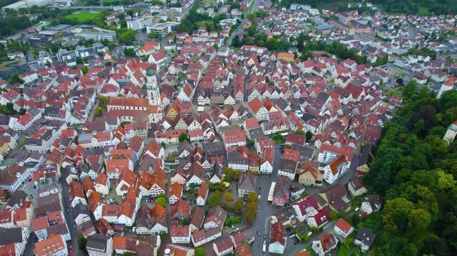 Aerial view of the city Biberach in Germany on a cloudy day in summer