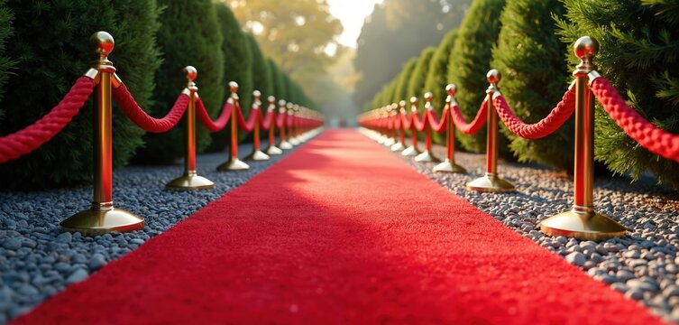 Empty red carpet pathway with stanchions and velvet ropes along manicured green bushes. Luxury entrance for special event, awards ceremony, celebrity gala or premiere.