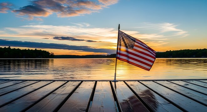 American flag waving on a lake dock at sunset
