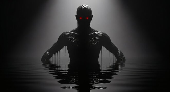 Eerie silhouette of a mysterious entity with piercing red eyes emerging from dark, rippling water under a solitary spotlight, creating a dramatic and suspenseful scene