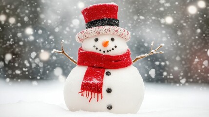 Obraz premium A cheerful snowman adorned with a red scarf and top hat stands in a soft, snowy winter landscape