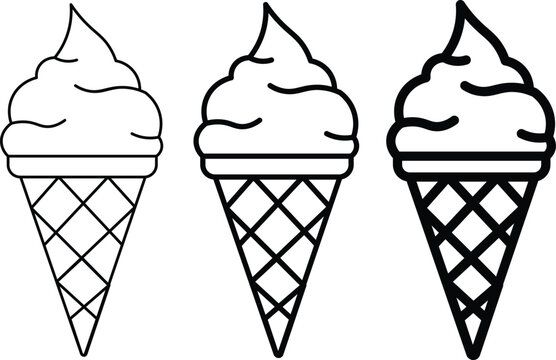 Minimalist ice cream cone line art icons, set of 3 soft serve dessert vectors with varying stroke weights, black and white summer food symbols