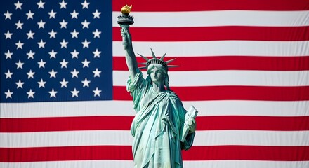 Naklejka premium The statue of liberty in front of the american flag