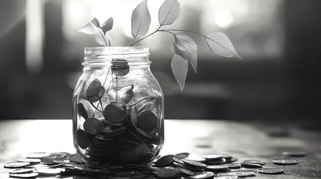 A glass jar filled with coins and a sprouting plant represents financial growth and personal savings