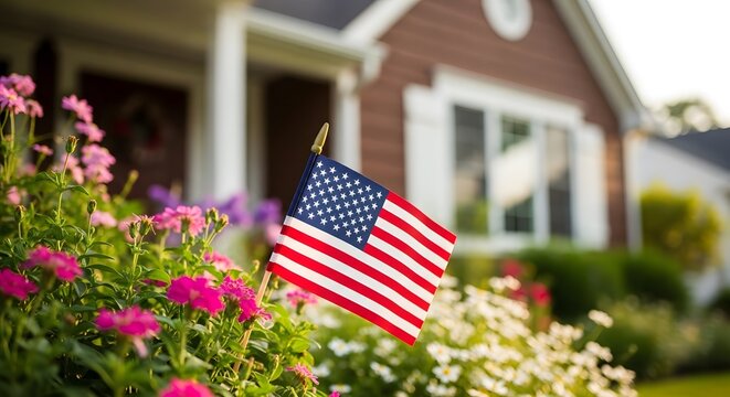 American flag in a garden outside a house