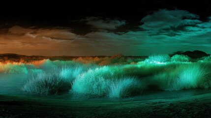 Fototapeta premium Infrared night landscape showcasing glowing grass and cloudy sky with vibrant thermal colors