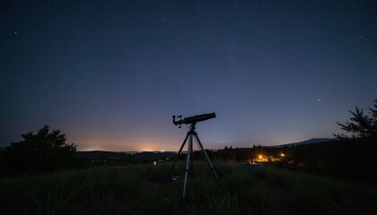 Naklejka premium Telescope set up on grassy hill at night. Stars visible in dark sky over distant town lights. Astrophotography equipment ready for celestial observation.