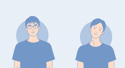 Fototapeta premium Two Minimalist Illustrated Men Portraits with Distinctive Expressions and Poses on Light Background