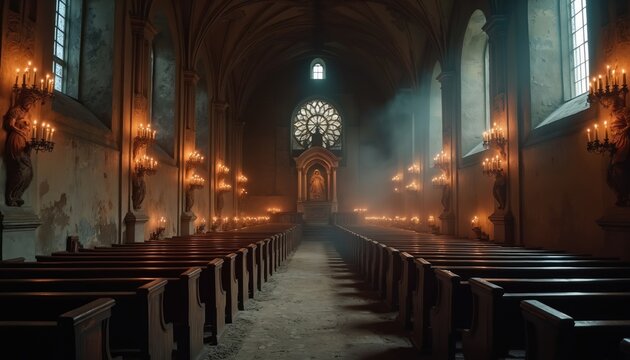 Old church nave with rows of wooden pews and burning candles casting long shadows. A large rose window and statue of a saint are visible at the altar end.