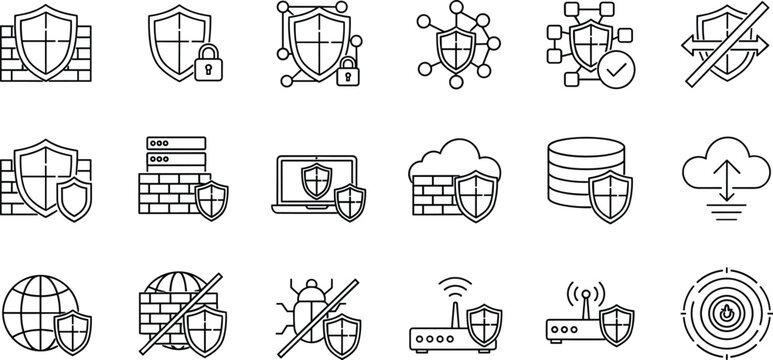 Cyber Security Protection Line Icon Set with Firewall Shield Network Database Cloud Antivirus Privacy Safety Symbols