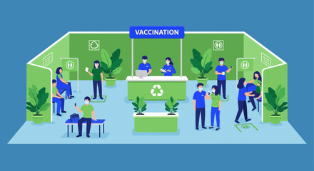 Obraz premium Vaccination Clinic Illustration Depicting Healthcare Professionals and Patients Receiving Injections