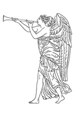 Naklejka premium Minimalist vector line art of a winged angel playing a trumpet. This high-contrast black ink design features flowing drapery and detailed feathers, ideal for classical and spiritual themes.