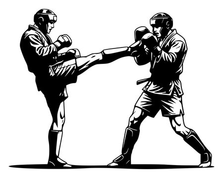 Two sambo fighters sparring with helmet and gloves, dynamic high kick technique against blocking opponent, Russian martial arts combat bold vector illustration isolated on background