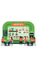 Fototapeta premium Vibrant Healthy Eatery Illustration Featuring Diverse Individuals Enjoying Fresh Cuisine in a