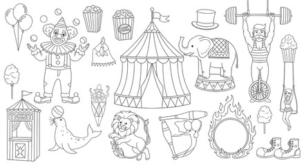 Obraz premium Detailed Circus Elements Outline Set Whimsical Illustrations of Performers, Animals, Tents, and Fairground Attractions for Creative Design Projects