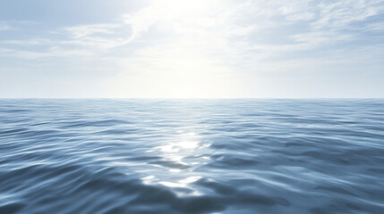 Fototapeta premium Glassy blue ocean horizon blending with sky under soft sunlight and scattered clouds, creating peaceful and serene seascape with gentle waves reflecting light