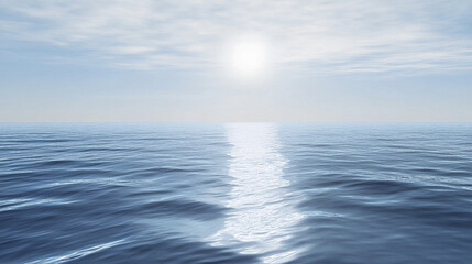 Obraz premium Calm blue ocean water reflecting sunlight under cloudy sky with peaceful horizon and gentle waves creating serene and tranquil atmosphere