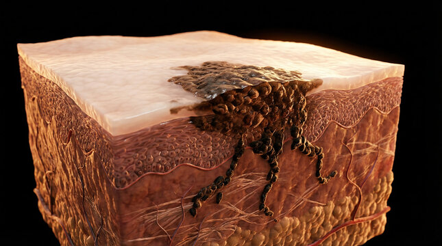 Skin Melanoma Dermis Invasion Cross Section Dark Pigment Medical 3D Illustration