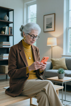 Vertical shot of senior woman using smartphone while sitting at home, managing digital communication and online services. Ideal for retirement planning, fintech, telehealth, vertical